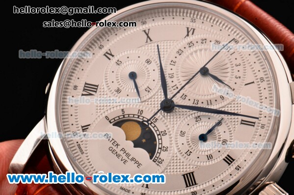 Patek Philippe Grand Complication Swiss Valjoux 7750 Manual Winding Steel Case with White Dial and Brown Leather Strap - Click Image to Close